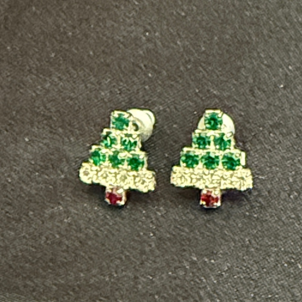 Vintage Christmas Holly & Present Brooches and Rhinestone Tree Post Earrings - Picture 7 of 9